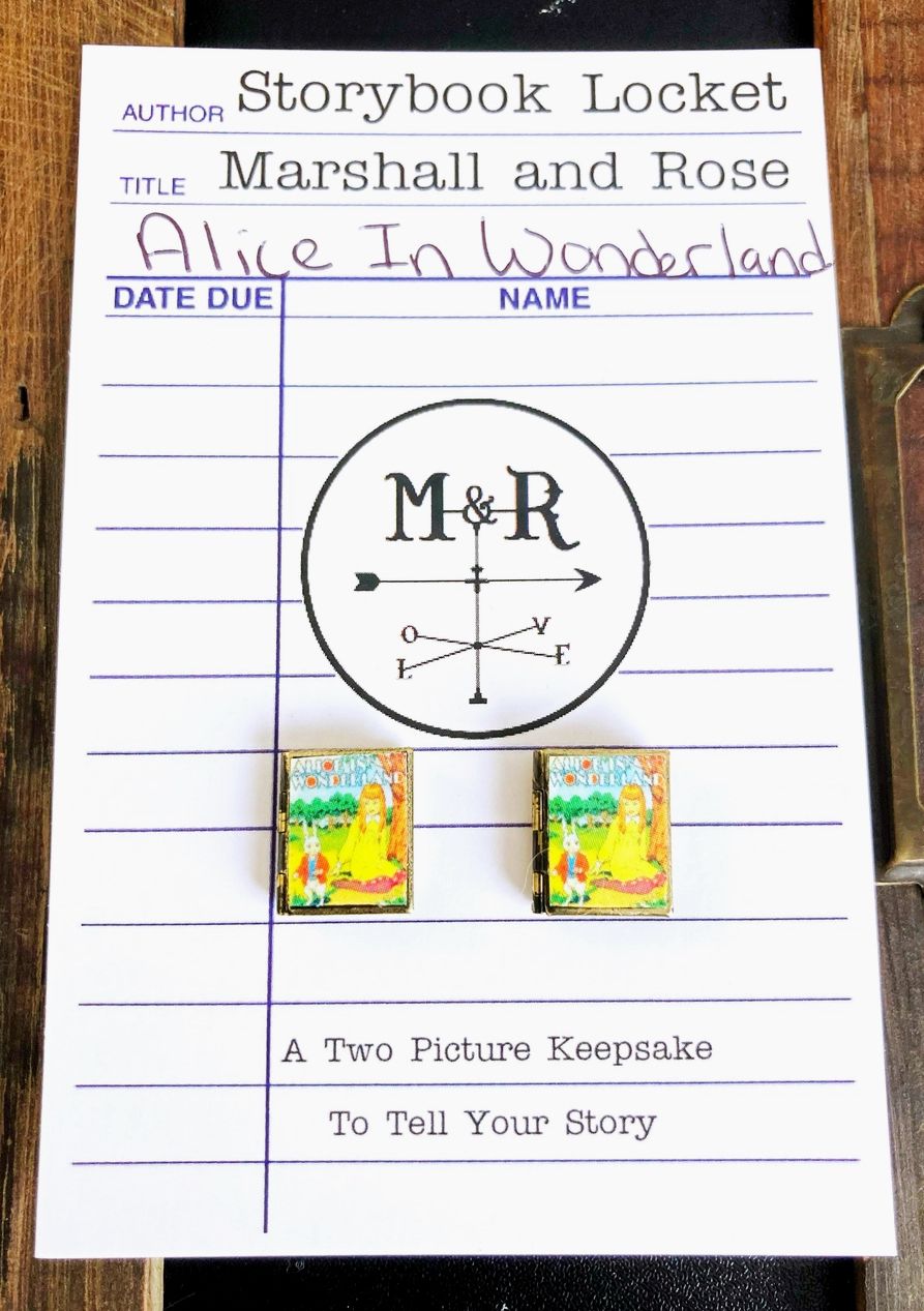 Post Earrings Book Locket Alice In Wonderland Picnic - brass