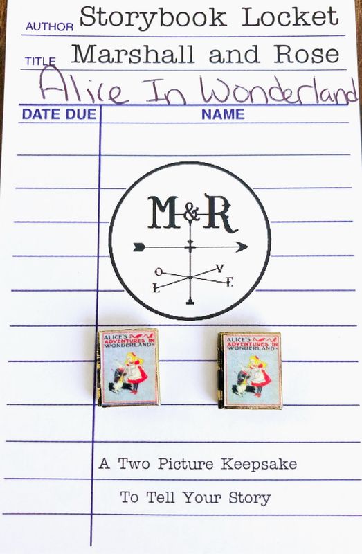 Post Earrings Book Locket Alice In Wonderland Grey - Brass
