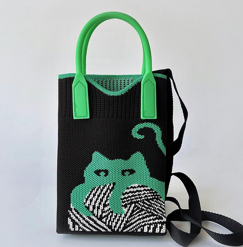 Knitted Portable Shoulder Crossbody Bag Black W/ Green Cat