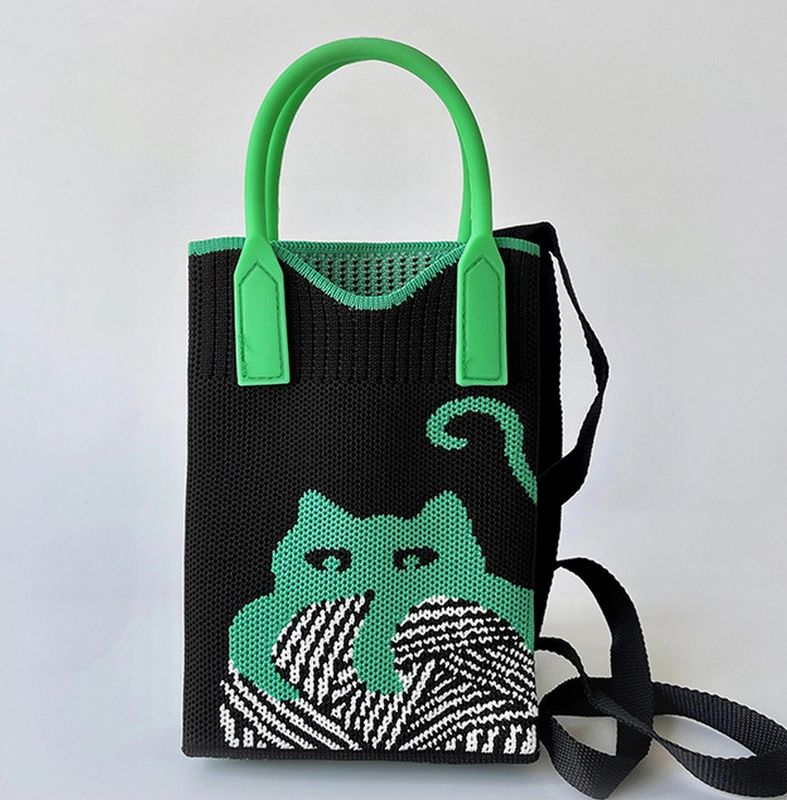 Knitted Portable Shoulder Crossbody Bag Black W/ Green Cat