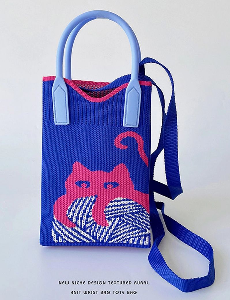Knitted Portable Shoulder Crossbody Bag Blue With Pink Cat