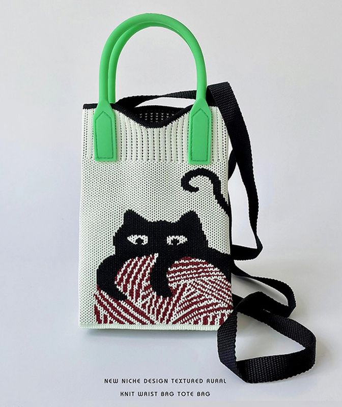 Knitted Portable Shoulder Crossbody Lt Gr Bag With Black Cat