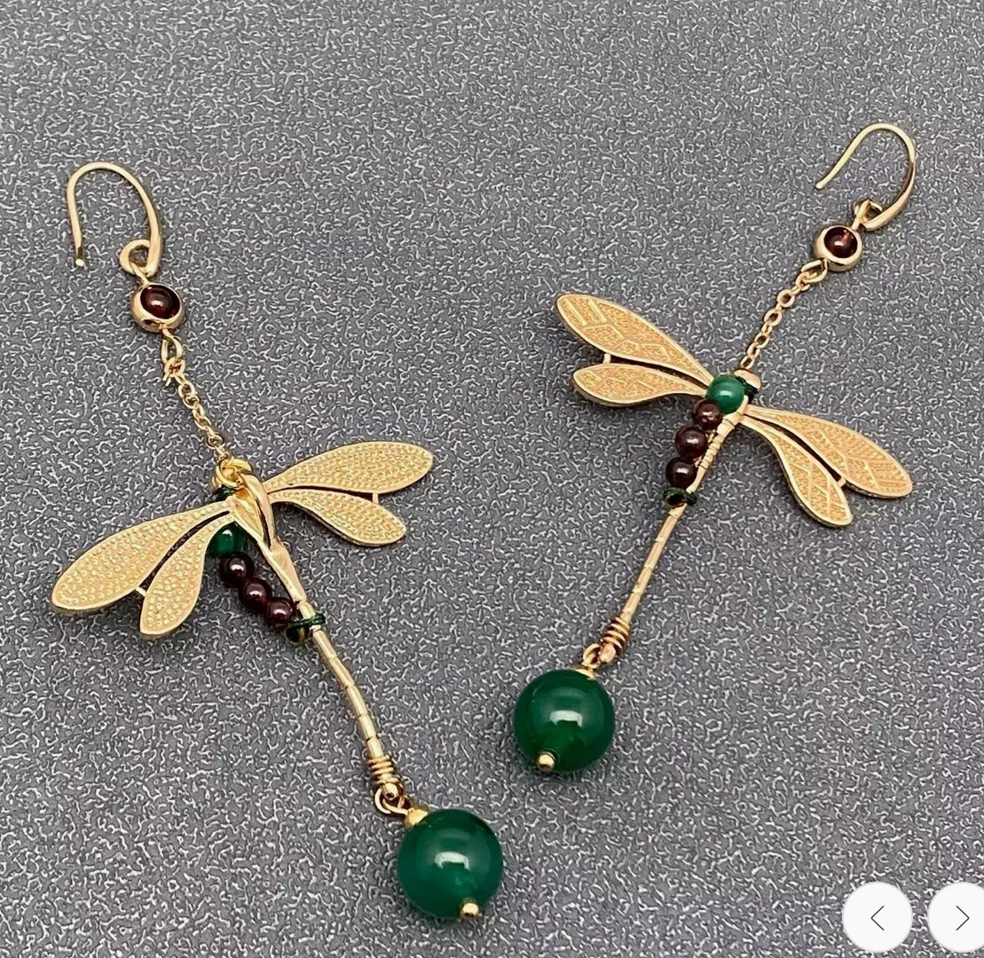 Vintage Agate Woven Dragonfly Charm Gold plated Earrings