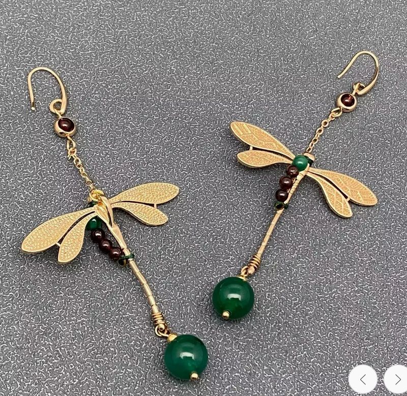 Vintage Agate Woven Dragonfly Charm Gold plated Earrings