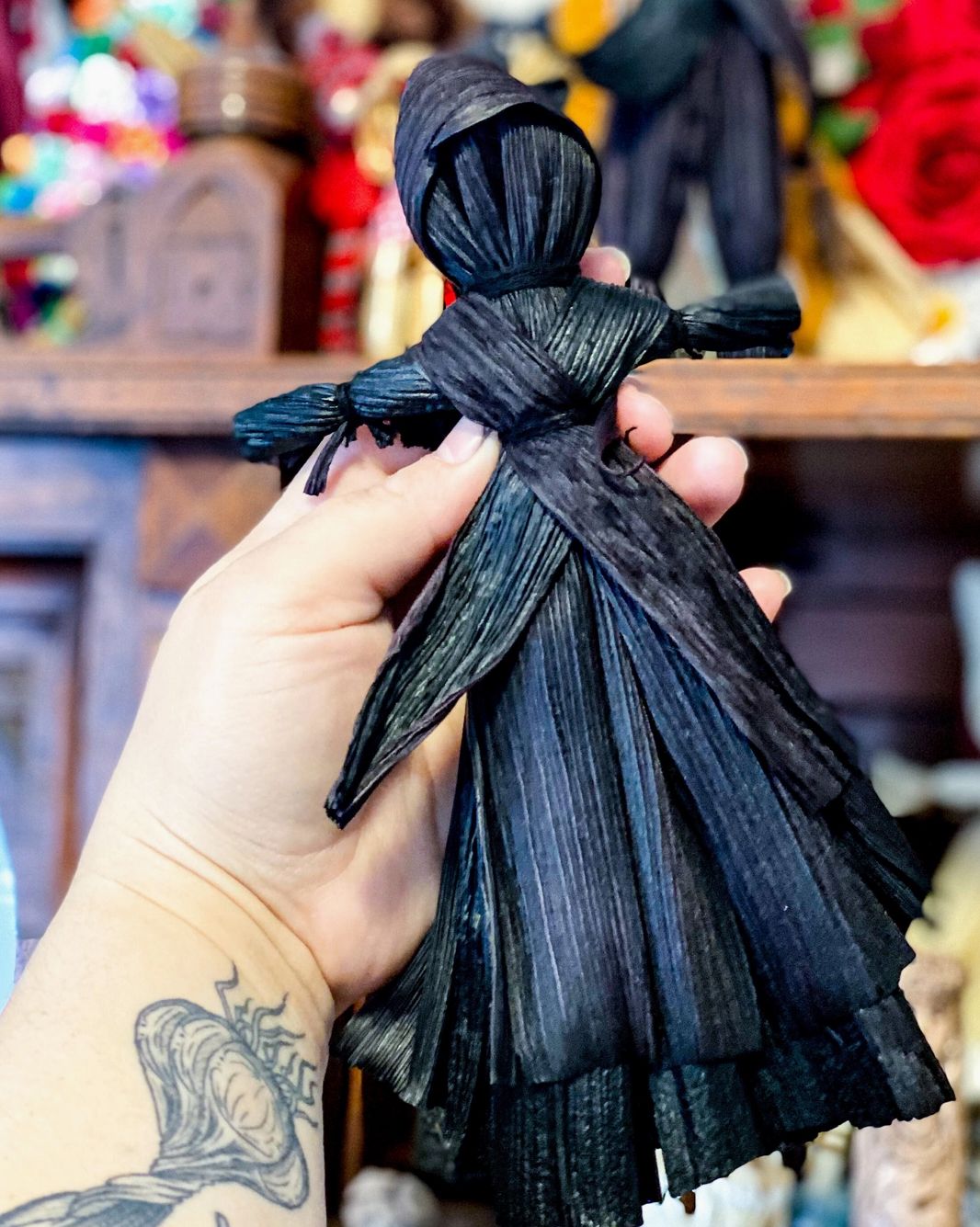 Corn Husk Doll Folk Poppet W/ Smock &amp; Hood Black Dress