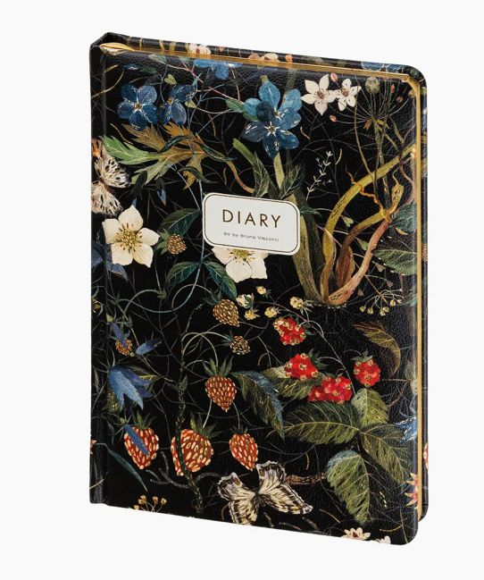 Vegan Leather Journal Black W/Blue Floral &amp; Berries