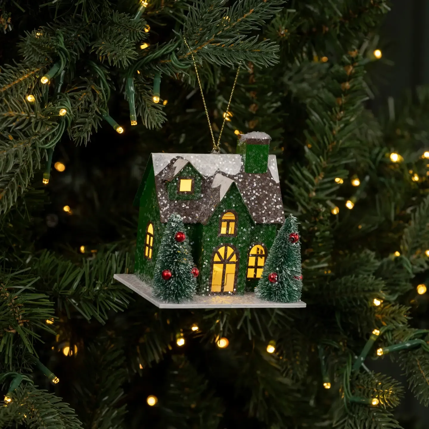 Green Lighted House Ornament