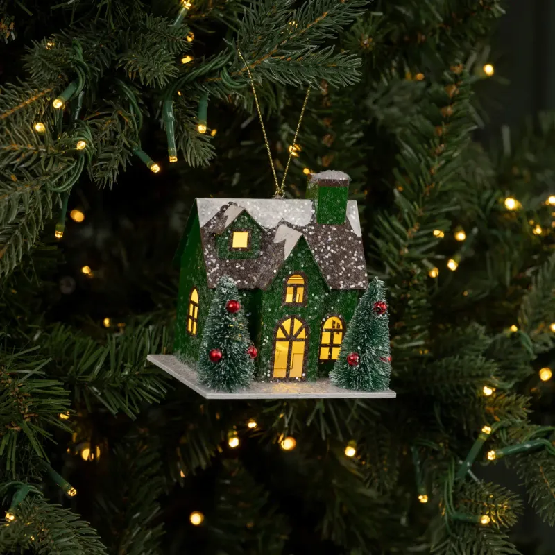 Green Lighted House Ornament