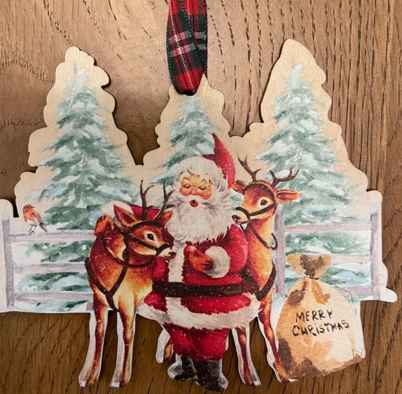Vintage Santa and Reindeer Wood Ornament