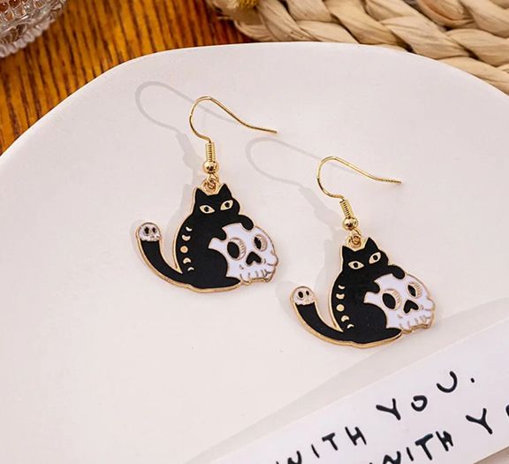 Halloween Black Cat Hugging Skull Earrings