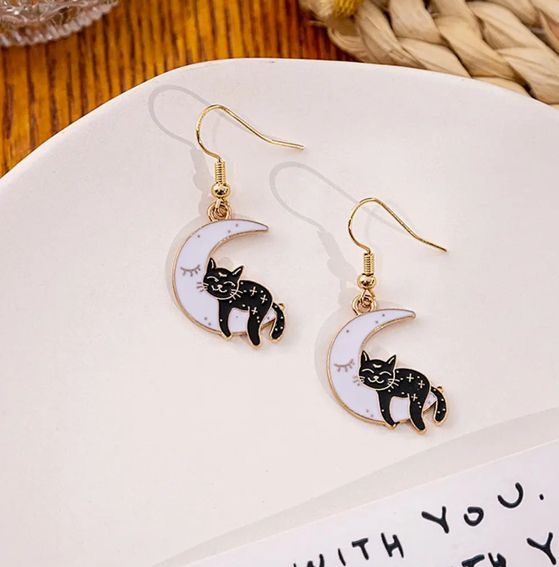 Halloween Black Cat on Yellow Moon Earrings