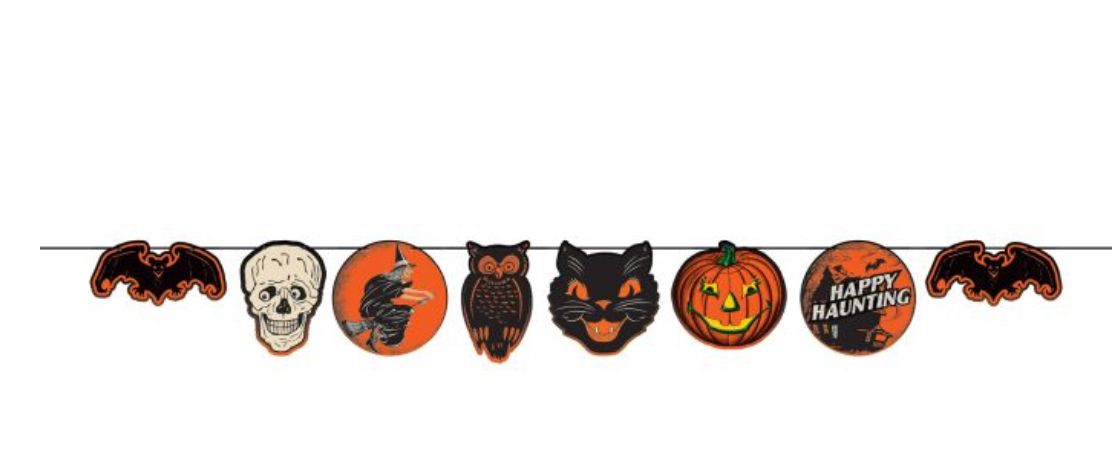 Vintage Halloween Streamer 6ft Bat, Skull, Witch, Owl &amp; Cat