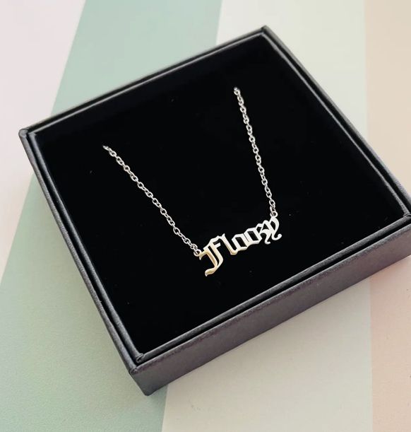 Floozy Gothic Font Word Necklace in Silver