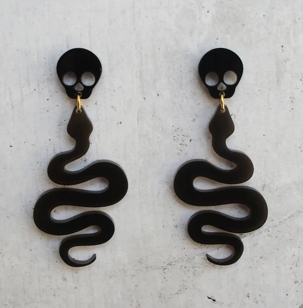 Black Skull and Snake Dangle Earrings Translucent Acrylic