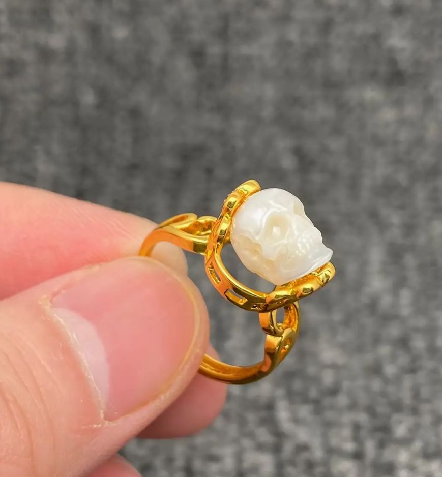 Gothic Pearl Carved Skull Adjustable Ring Golden 