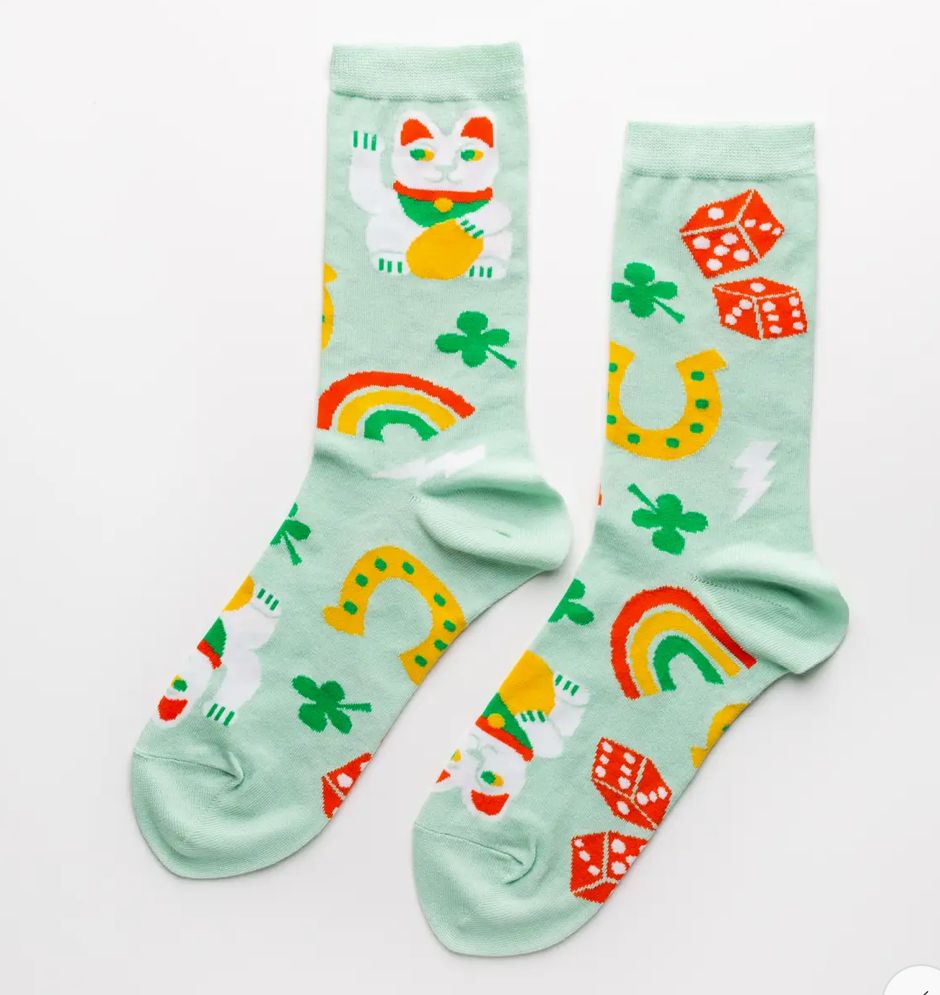 Women's Lucky Cat Clover Crew Socks