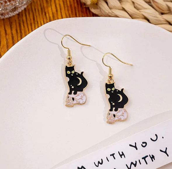 Halloween Black Cat Sitting on Skull Earrings