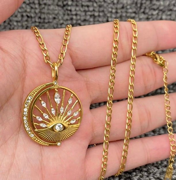 18K Golden Hollow Sun Moon Brightness Charm Necklace
