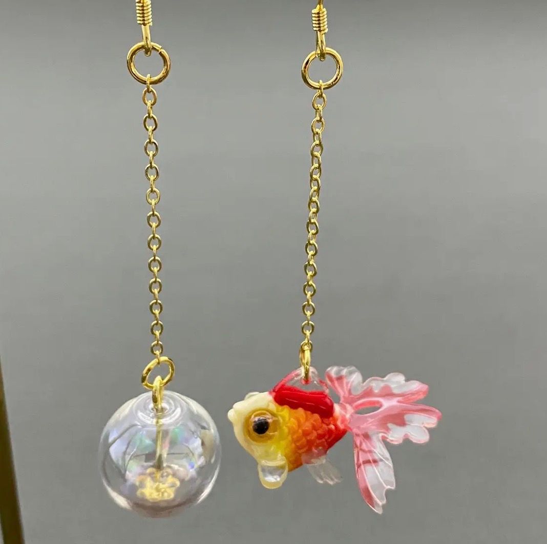 Asymmetric Red Goldfish Dangle Earrings