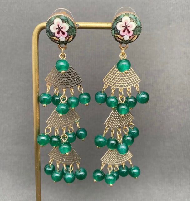 Vintage Green Agate Fan Shape Fringe Post Earrings