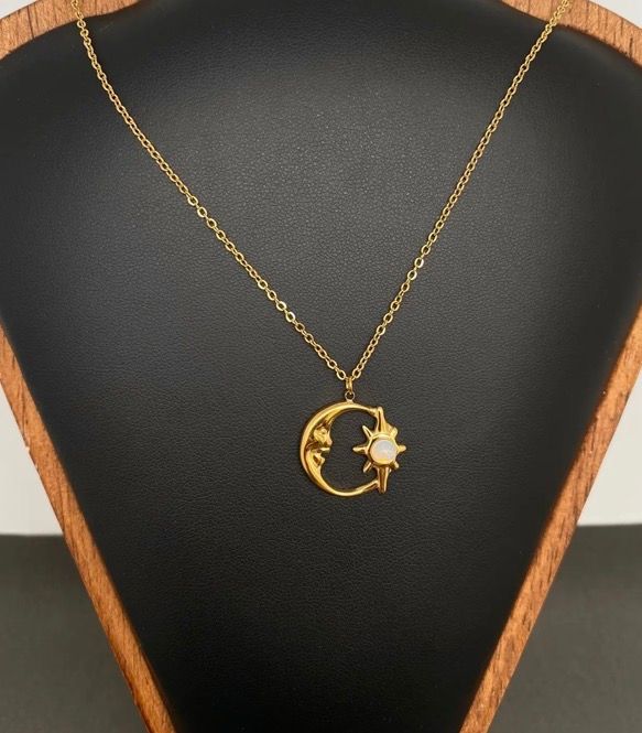 Glass Inlaid Moon Charm 18k Golden SS Necklace White
