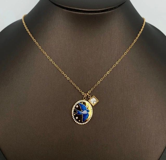 Zircon Inlaid Enamel Bluebird of Happiness with Charm 18k Golden Necklace