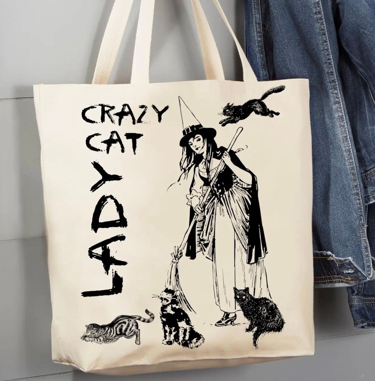 Crazy Cat Lady Witch Canvas Tote Bag