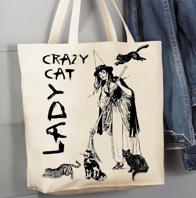 Crazy Cat Lady Witch Canvas Tote Bag