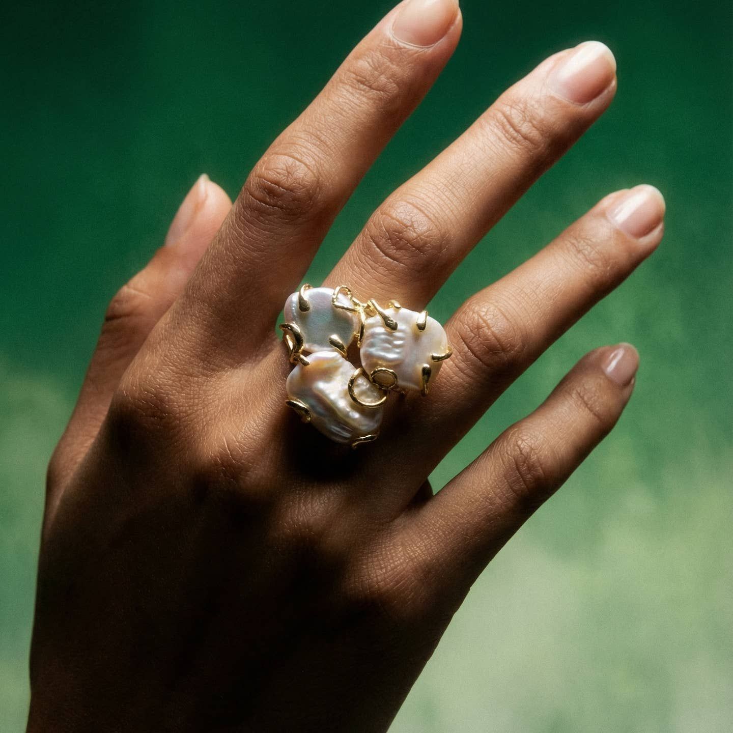 Chunky Baroque Pearl Ring w/ Gold Snakes