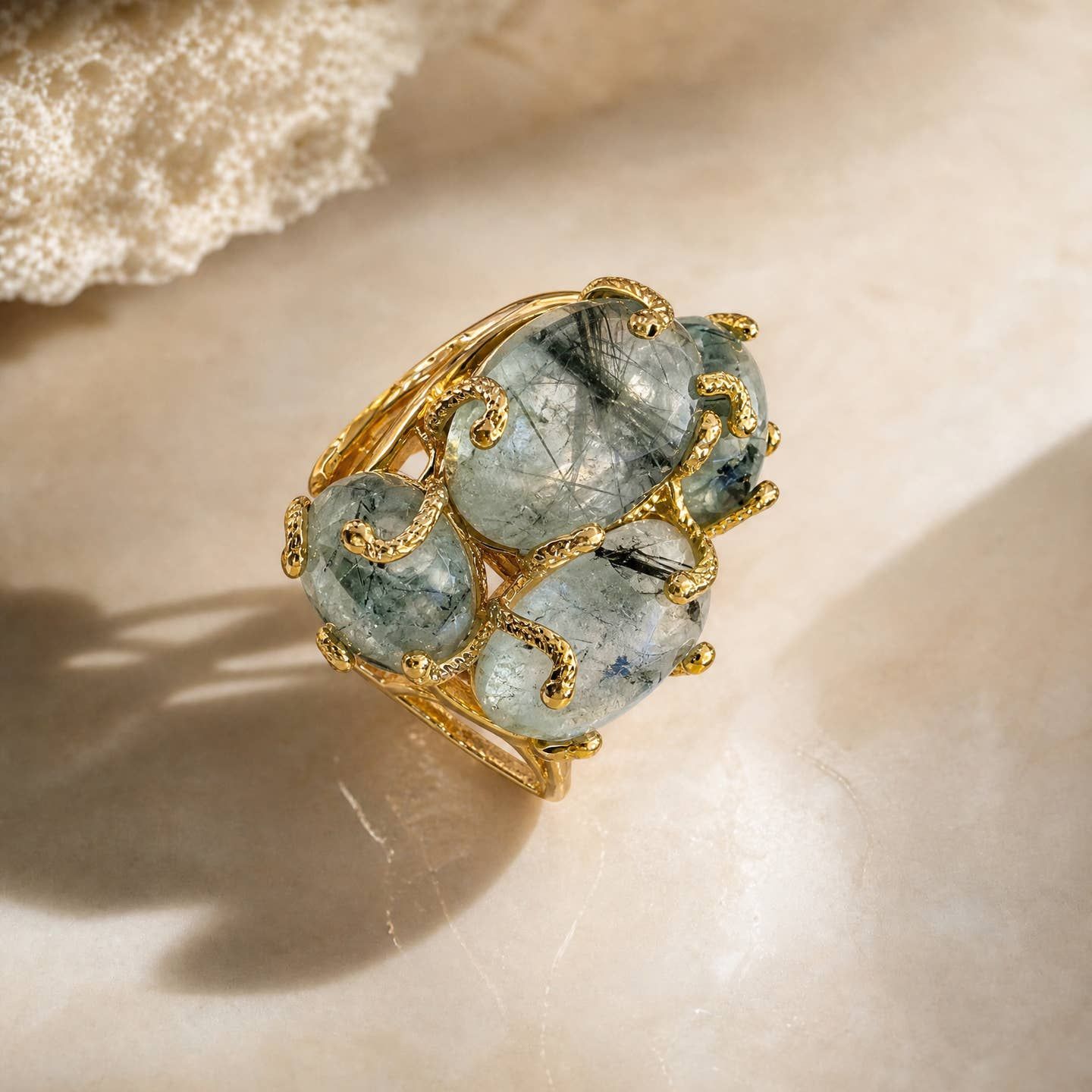 Prehenite Multi Stone Ring w/ Gold Snakes
