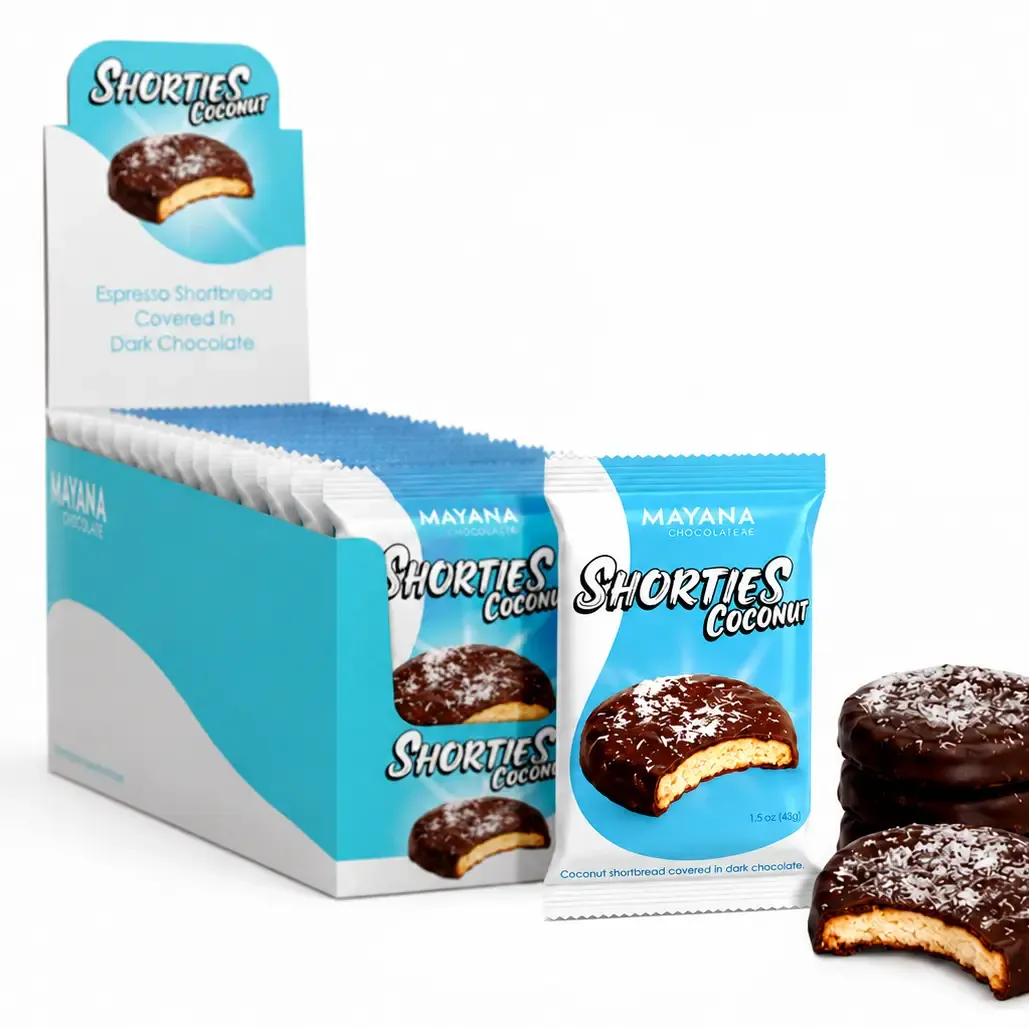 Mayana Chocolate Coconut Shorties Covered in Dark Choc.