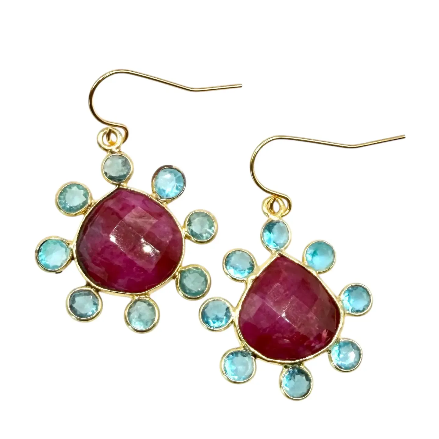Gemstone Teardrop Ruby And Blue Topaz Earrings