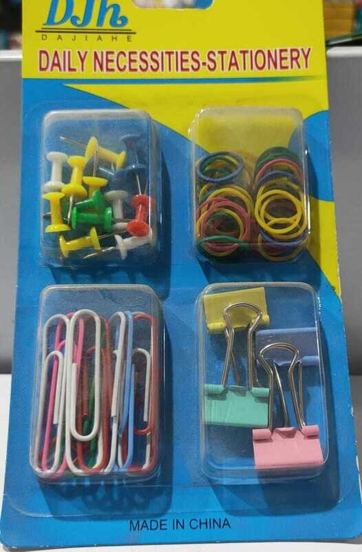 paper clips, push pins, binder clips, rubber band