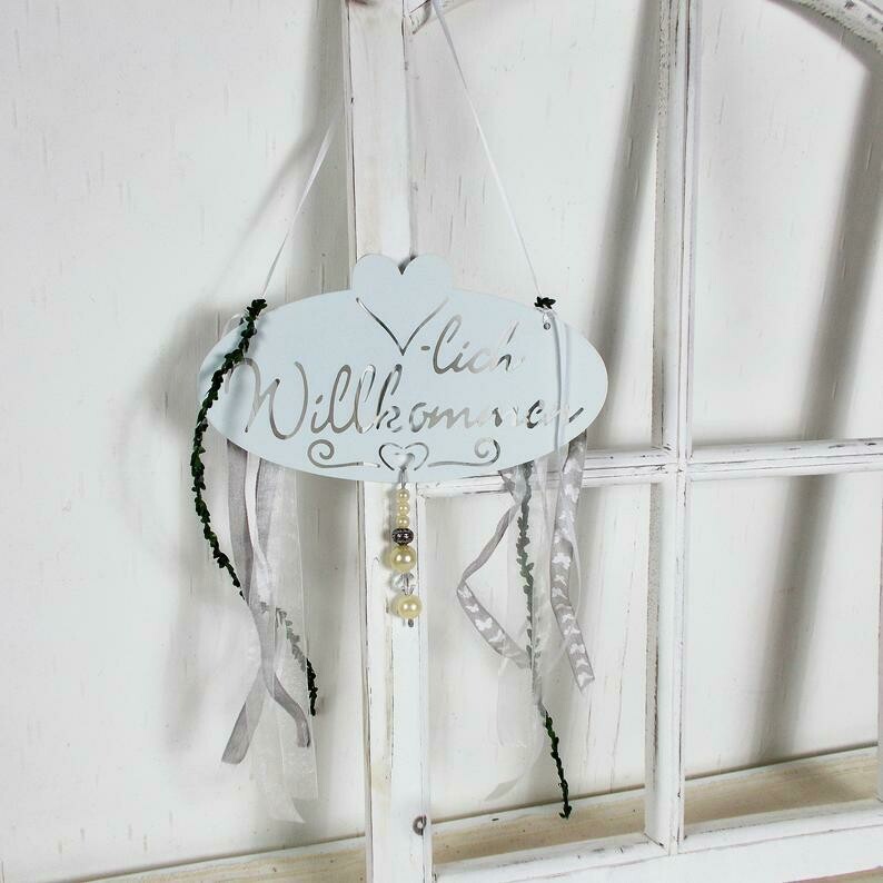 Metallschild Herzlich willkommenn weiß, Fensterdeko