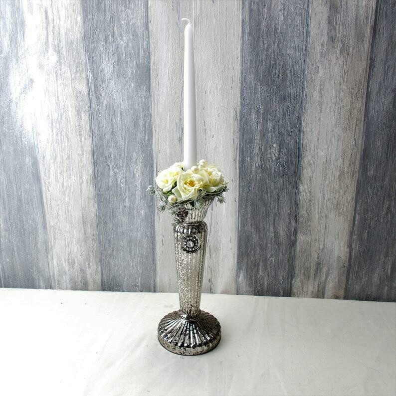 Kerzenhalter aus Glas, dekoriert, Silber, Tischdeko