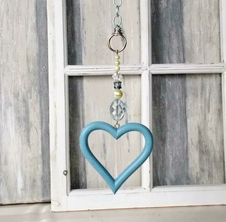 Fensterdeko, Hänger, Holz-Herz in blau