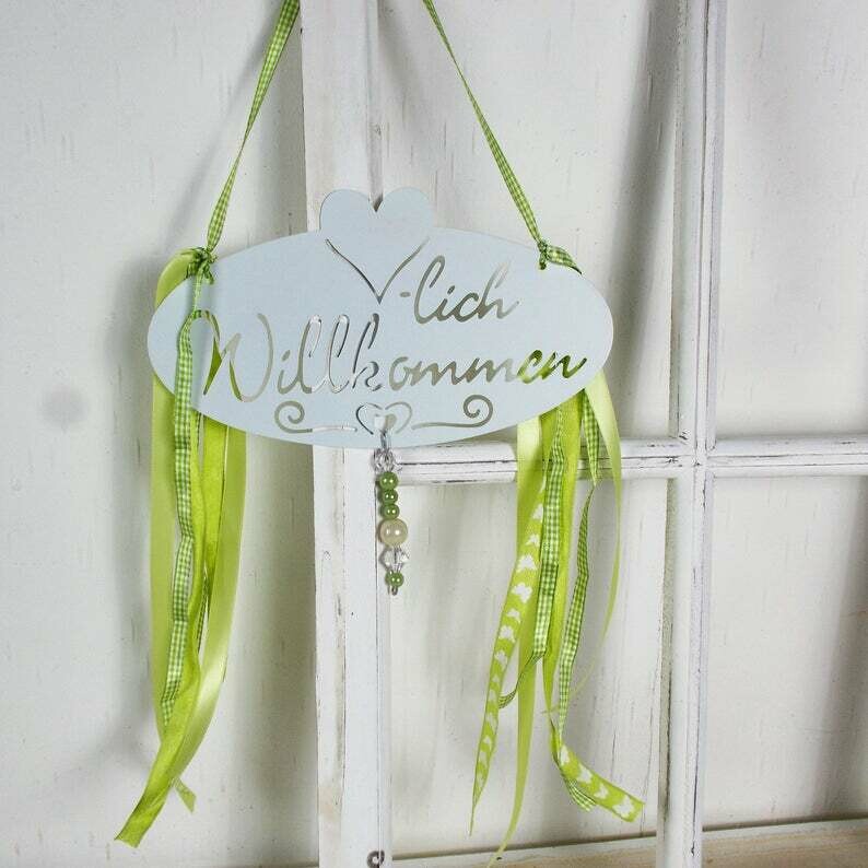 Türschild, Metall,Herzlich Willkommenn weiß grün, Fensterdeko