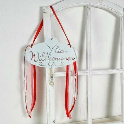 Türschild, Metall,Herzlich Willkommenn weiß rot, Fensterdeko