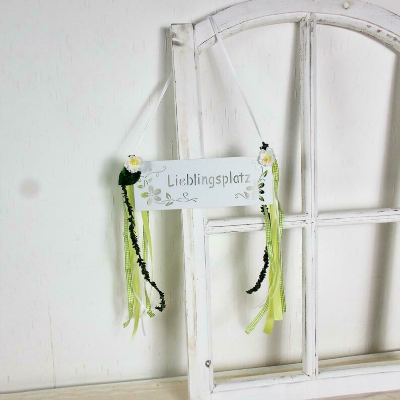 Metallschild Lieblingsplatz, weiß grün, Fensterdeko
