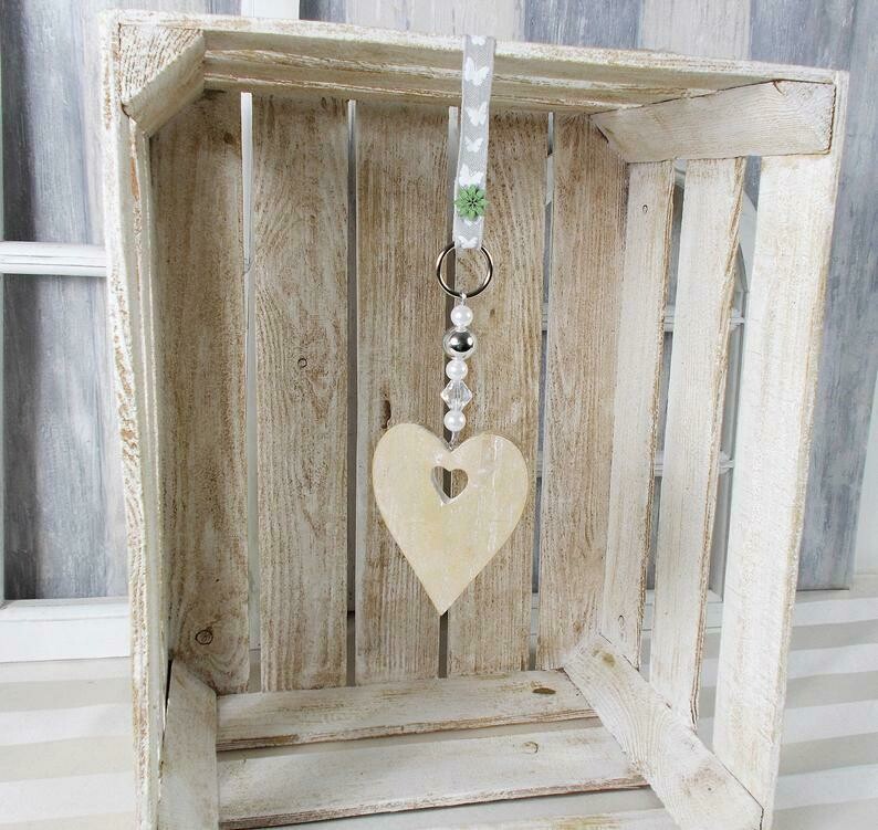 Fensterdeko, Hänger, Holz-Herz, natur grau