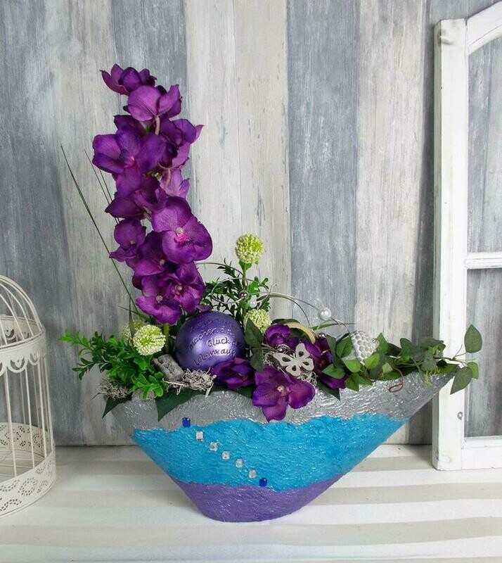Tischdeko mit Orchidee, blau lila silber, modern