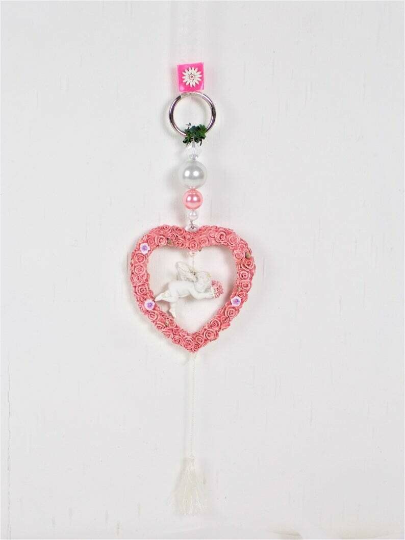 Fensterdeko, Herz mit Engel, rosa weiß, Hänger