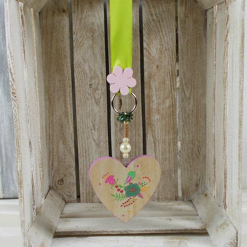 Fensterdeko, Holzherz natur mit farbigem Motiv, Hänger