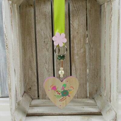 Fensterdeko, Holzherz natur mit farbigem Motiv, Hänger