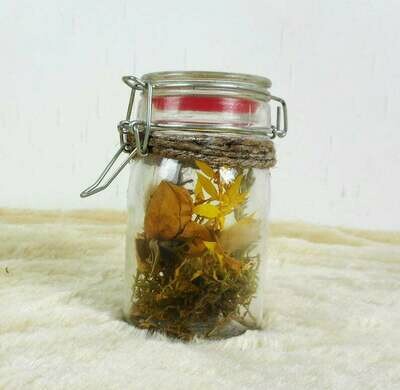 Trockenblumendeko, Trockenblumen im Glas, Tischdeko, Tischgesteck aus Trockenblumen, gelb