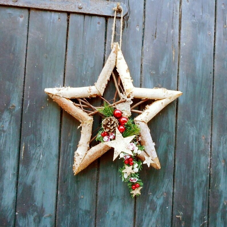 Fensterdeko Weihnachten, Holzstern dekoriert zum hängen, Weihnachtsdeko,  Stern groß
