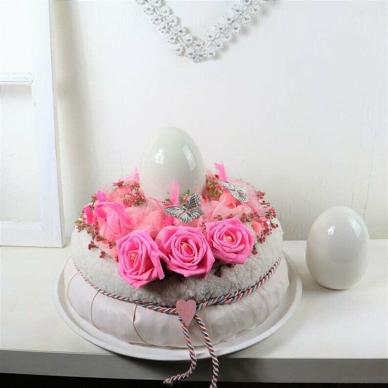 Osterdeko, weiß rosa, Ostergesteck, Osterkranz groß