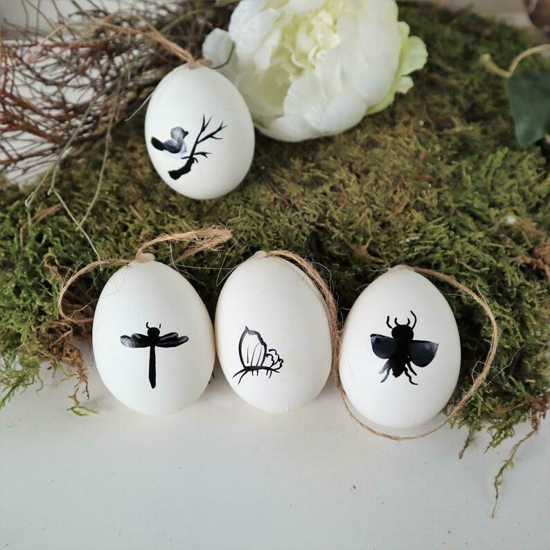 Osterdekoration Ostereier, Hühnereier, Schmetterling, Handarbeit, 4er Set, Stückpreis 1,20 Euro, Floristikbedarf