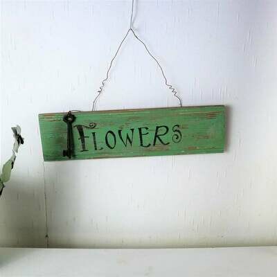 Wandschild, Flowers, Dekoschild rustikal grün, mit Deko-Schlüssel, Floristikdeko