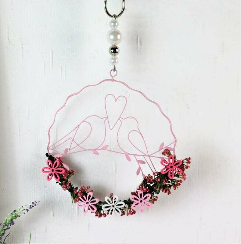 Fensterdeko, Frühlingsdeko, Metallreif Vögel, rosa